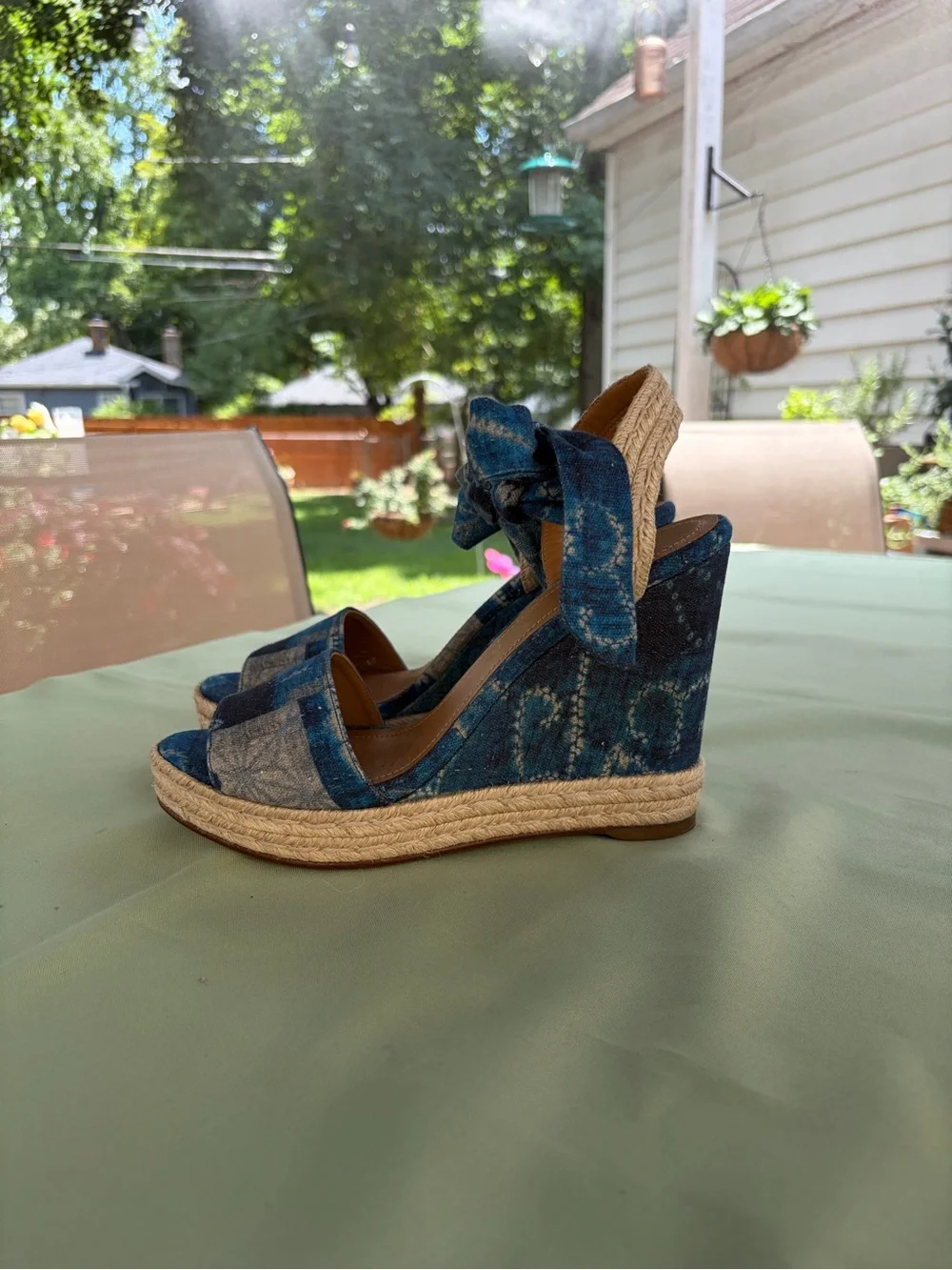 Polo by Ralph Lauren Blue Patterned Espadrille Wedge Sandals with Ankle Ties.